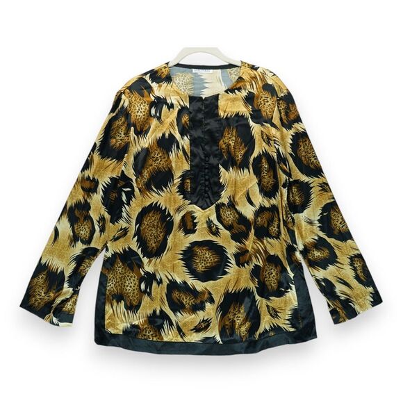 Vintage Boho Kaelyn Max Blouse‎ Size XL Gold Cheetah Satin Long Sleeve Tunic Top - Picture 1 of 5